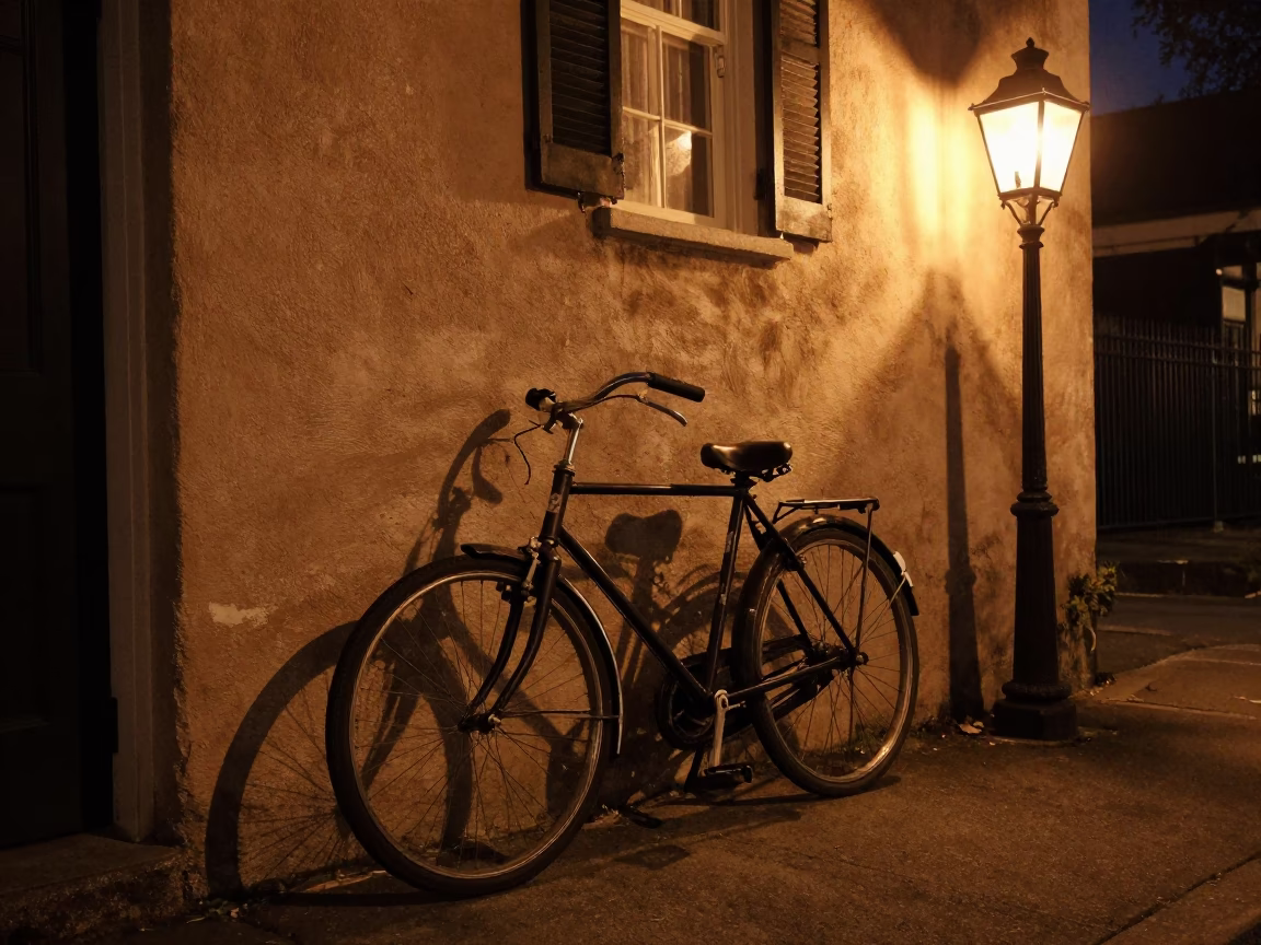 Nighttime Charleston Street Scene with Vintage Bicycle and Lantern Light in in Charleston, South Carolina, United States