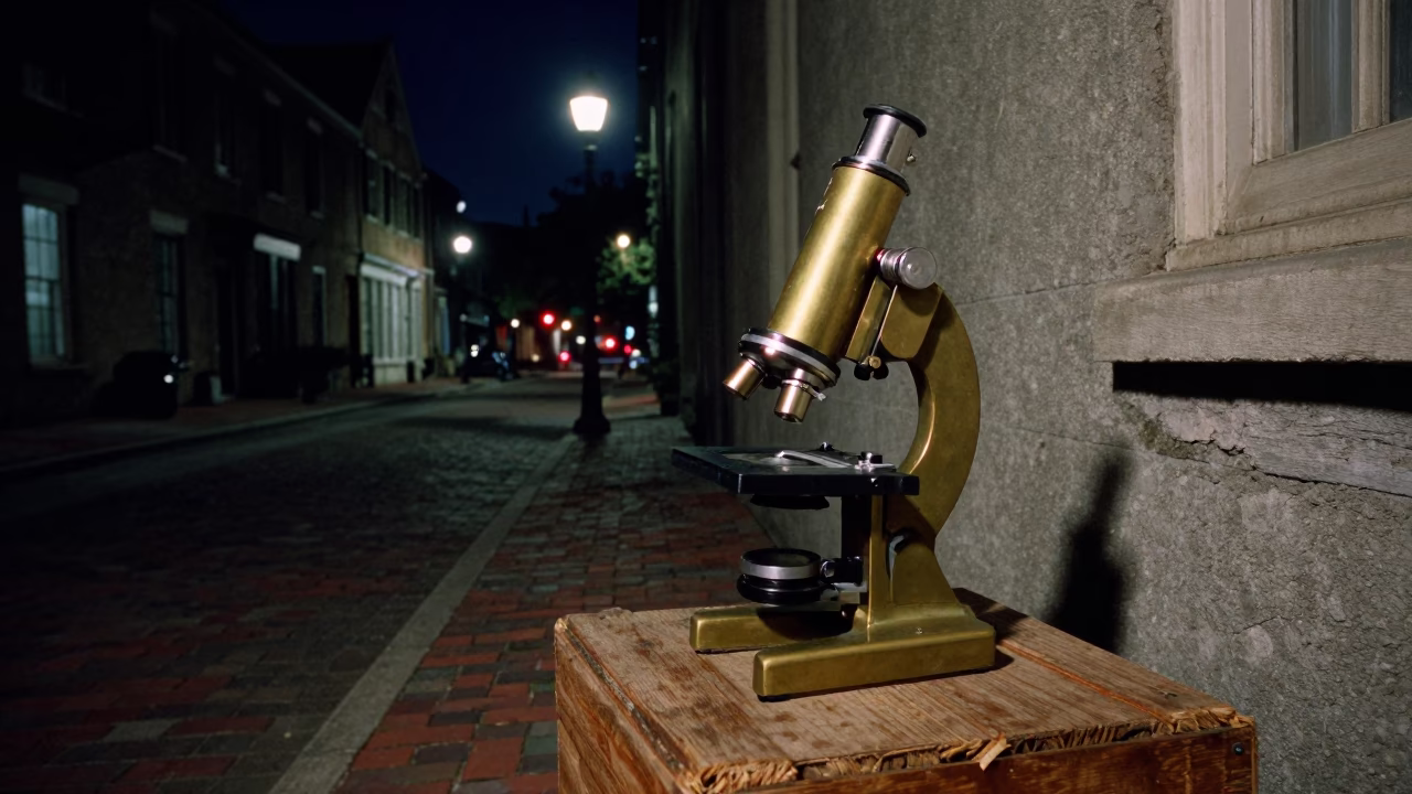 Nighttime Charleston Street Scene with Vintage Brass Microscope and Moss Garden Details in in Charleston, South Carolina, United States