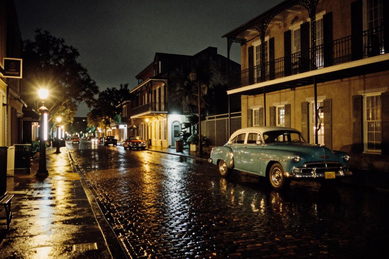 Nighttime Charleston Street Scene with Vintage Cars and Historic Architecture in in Charleston, South Carolina, United States
