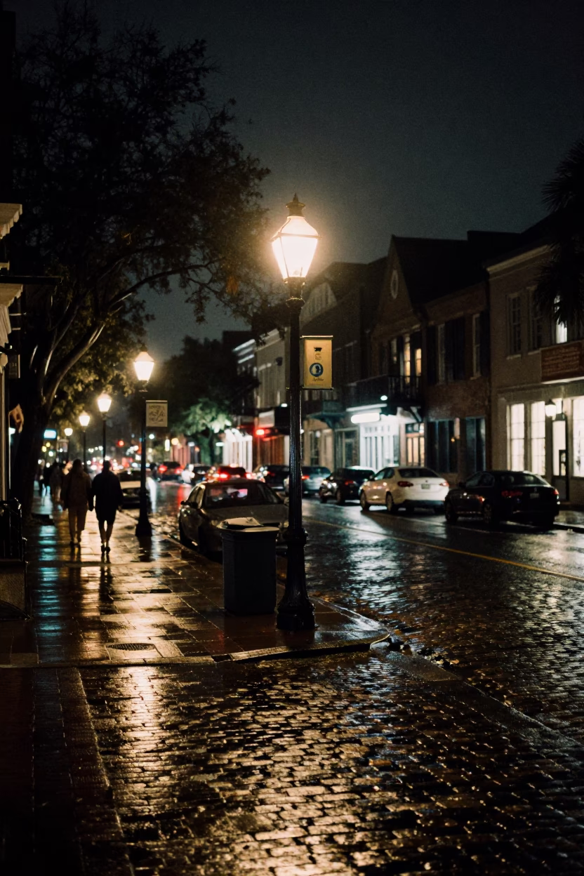 Nighttime Charleston Street Scene with Vintage Streetlamp and Wet Cobblestones in in Charleston, South Carolina, United States