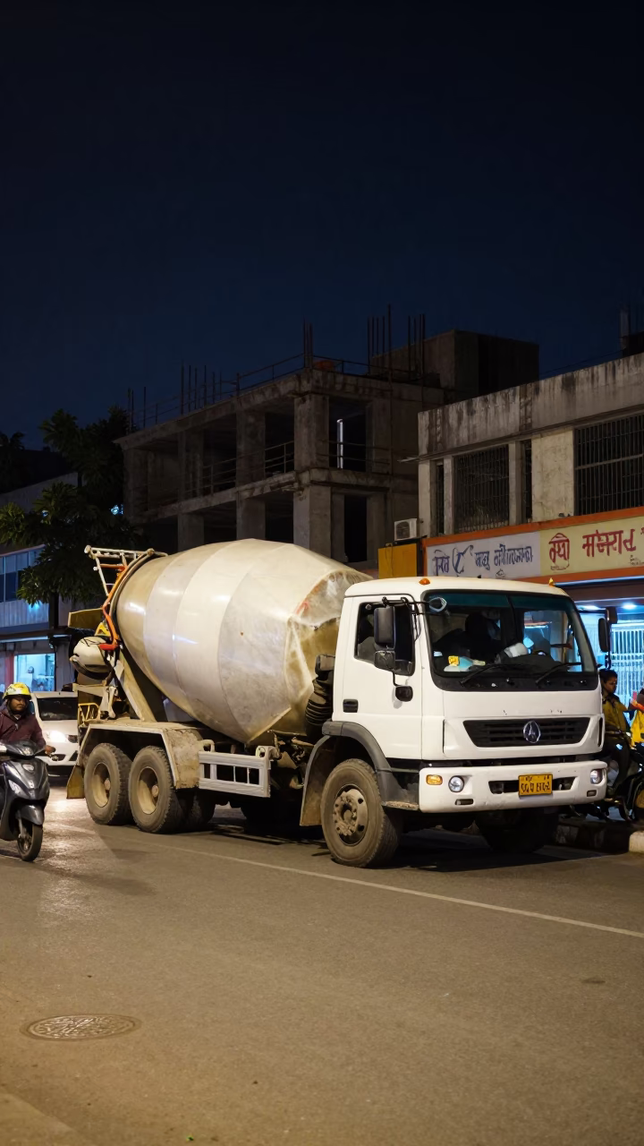 Nighttime Chennai Street Scene with Cement Mixer and Urban Construction Activity in in Chennai, India
