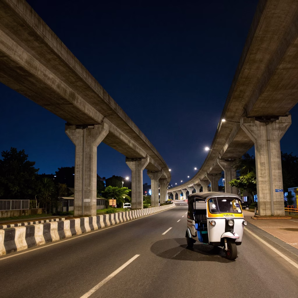 Nighttime Chennai Street Scene with Concrete Viaduct and Tuk-Tuk in in Chennai, India