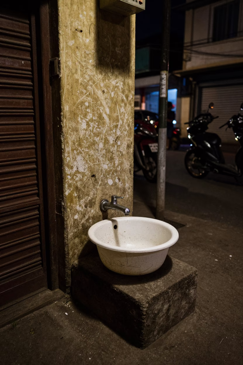 Nighttime Chennai Street Scene with Wash Basin and Scratched Doorframe in Deep Night in in Chennai, India