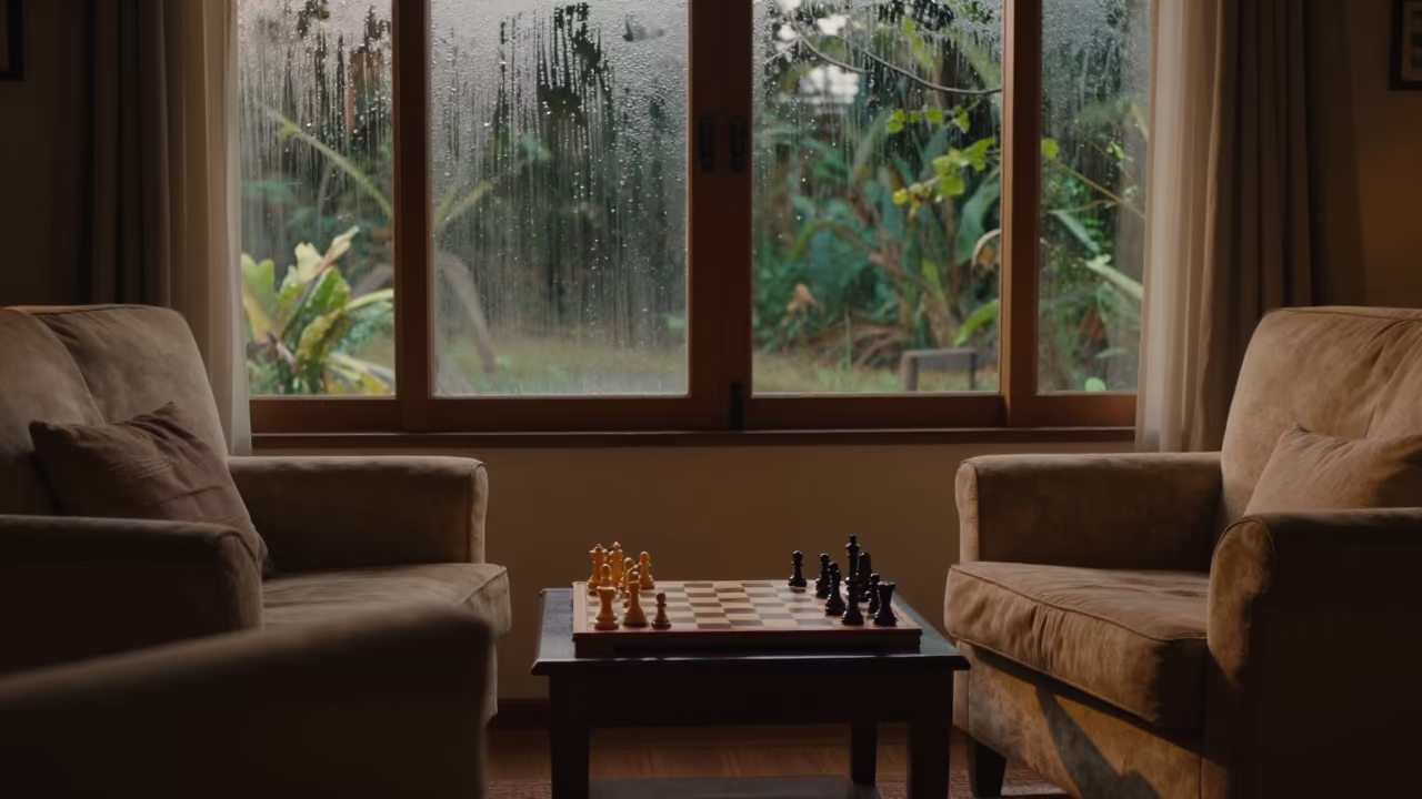 Nighttime Chess by Fire in Antsirabe Living Room in in a sunlit living room in Antsirabe