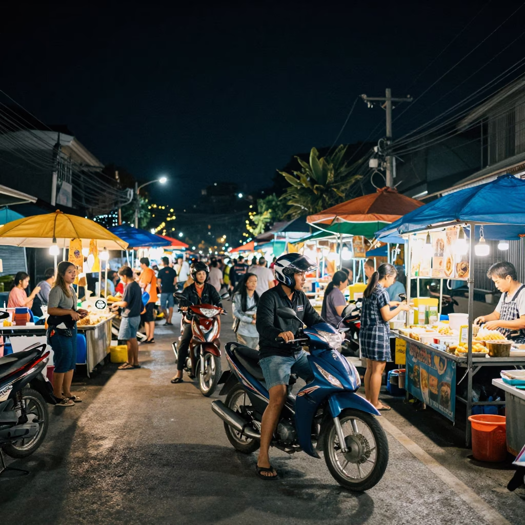 Nighttime Chiang Mai Street Scene with Motorcycle and Street Food Vendor in in Chiang Mai, Thailand
