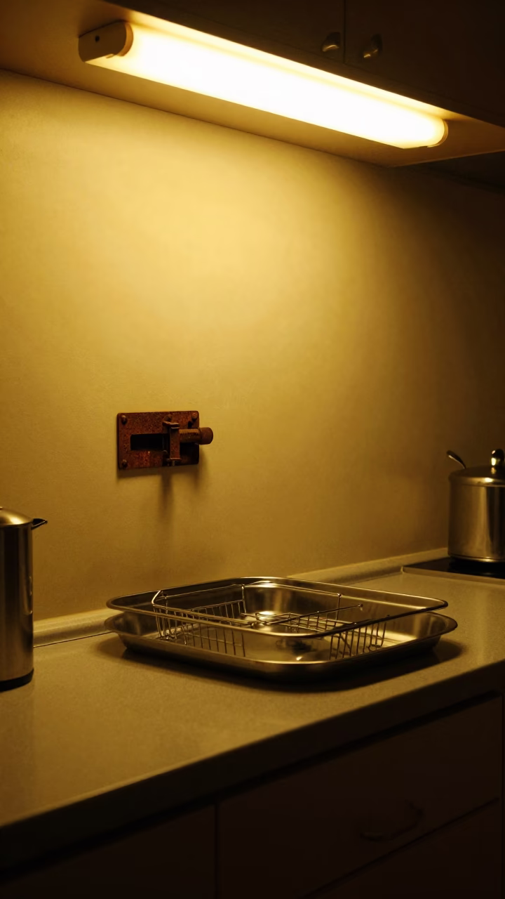 Nighttime Christchurch Kitchen Scene with Rusty Latch and Dish Drainer in in Christchurch, New Zealand