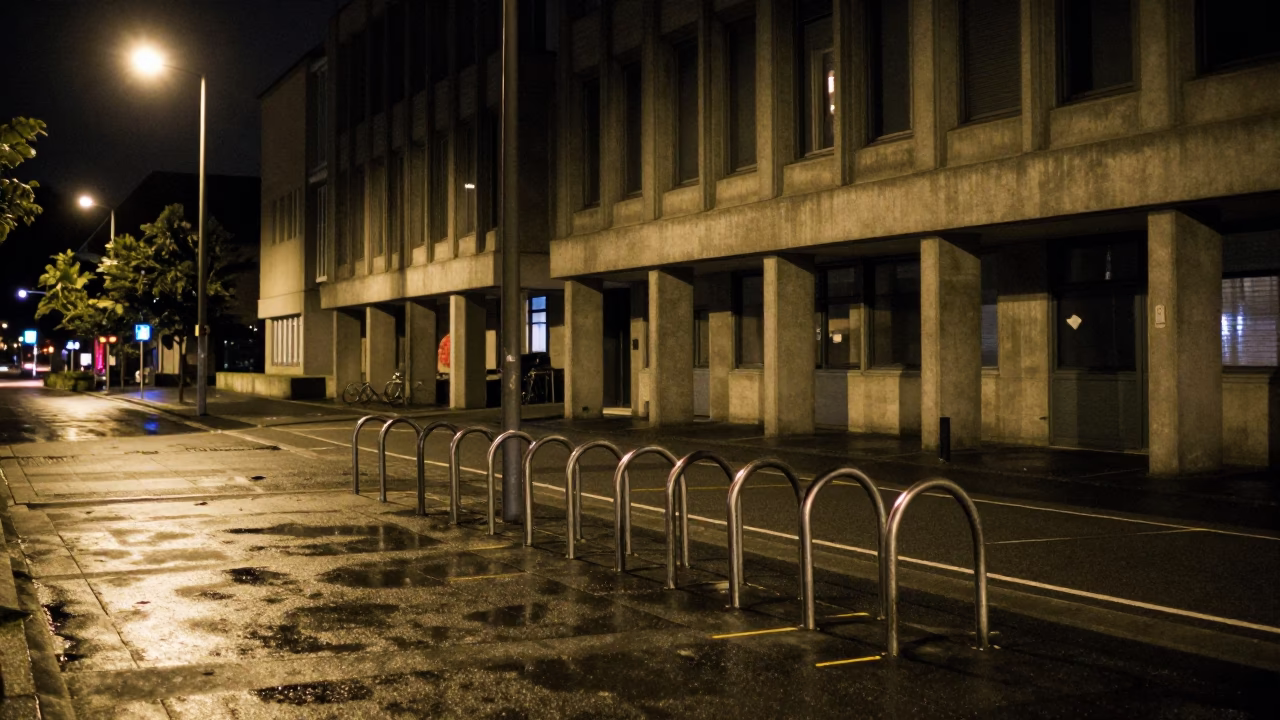 Nighttime Christchurch Street Scene with Bicycle Rack and Concrete Brutalist Architecture in in Christchurch, New Zealand
