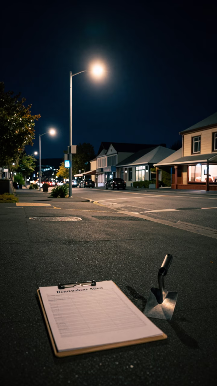 Nighttime Christchurch Street Scene with Clipboard and Trowel Near Avon River in in Christchurch, New Zealand