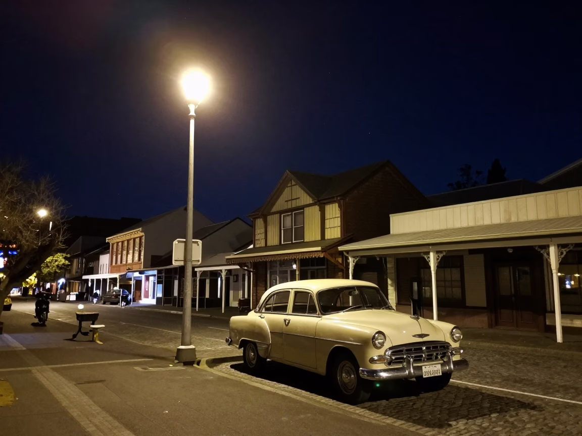 Nighttime Christchurch Street Scene with Vintage Car and Streetlamp under Starry Sky in in Christchurch, New Zealand