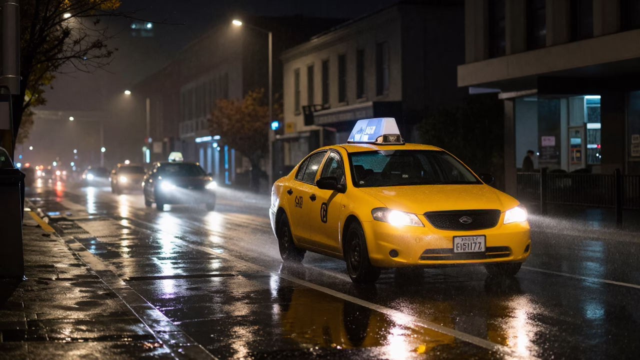 Nighttime Christchurch Street Scene with Yellow Taxi and Wet Pavement Reflections in in Christchurch, New Zealand
