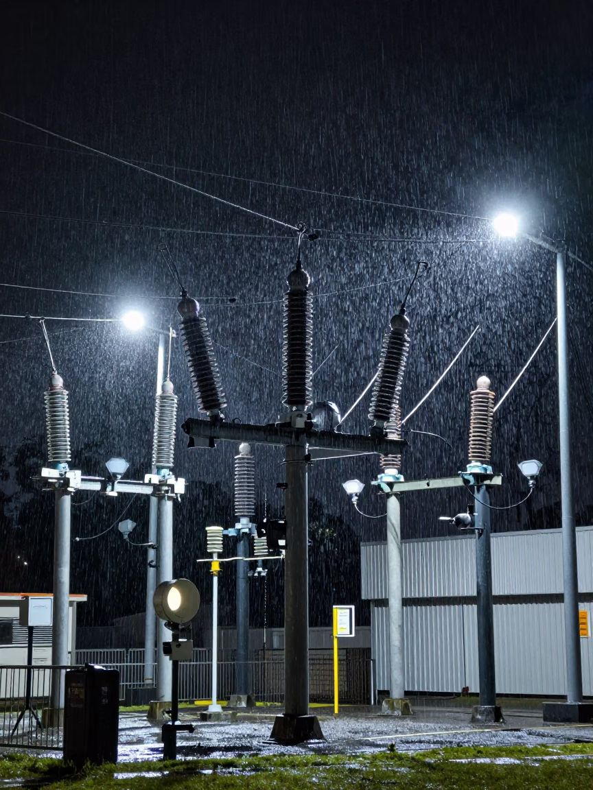 Nighttime Christchurch Substation Insulators Sparkling Under Floodlights Near Avon River in in Christchurch, New Zealand