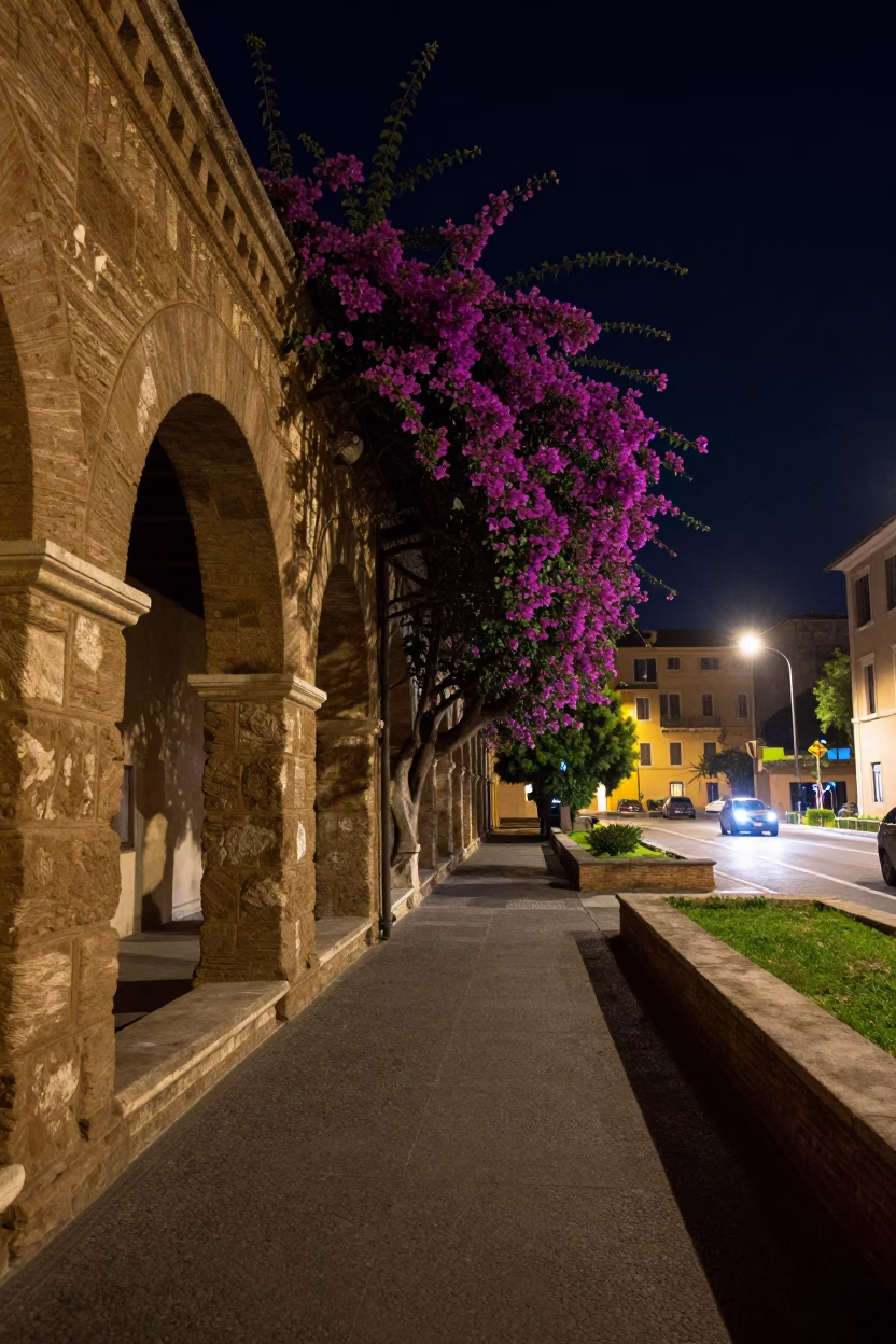 Nighttime Cloister Walkway in Rome Italy with Bougainvillea and Street Life in in Rome, Italy
