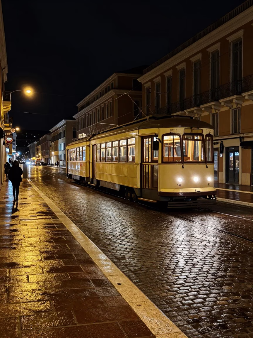 Nighttime Cobblestone Street Scene with Heritage Tram and Streetlights in Nice France in in Nice, France