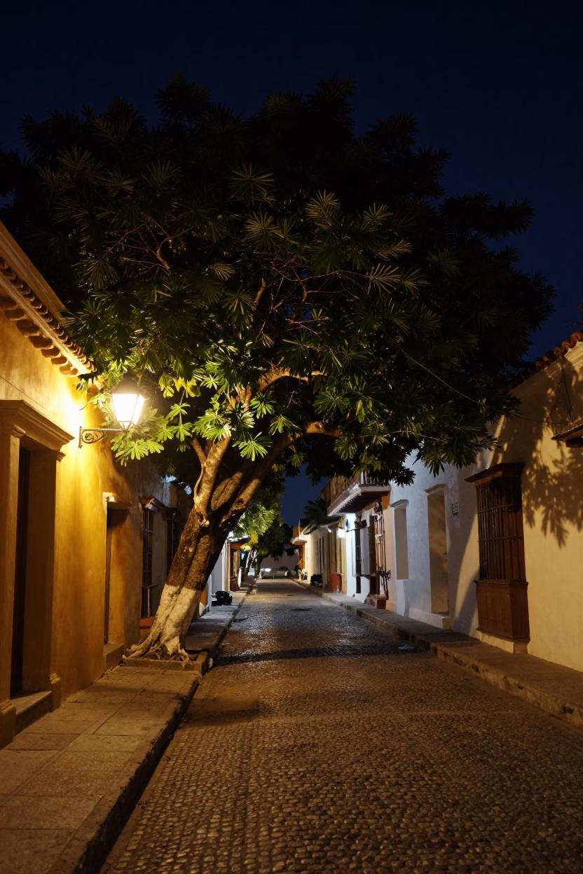 Nighttime Colonial Street Scene in Cartagena Colombia with Tamarind Tree and Door Handle in in Cartagena, Colombia