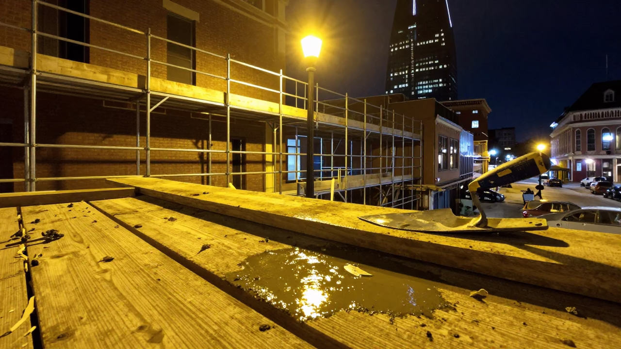 Nighttime Construction Scaffold and Mason's Tools in Downtown Nashville Tennessee in in Nashville, Tennessee, United States