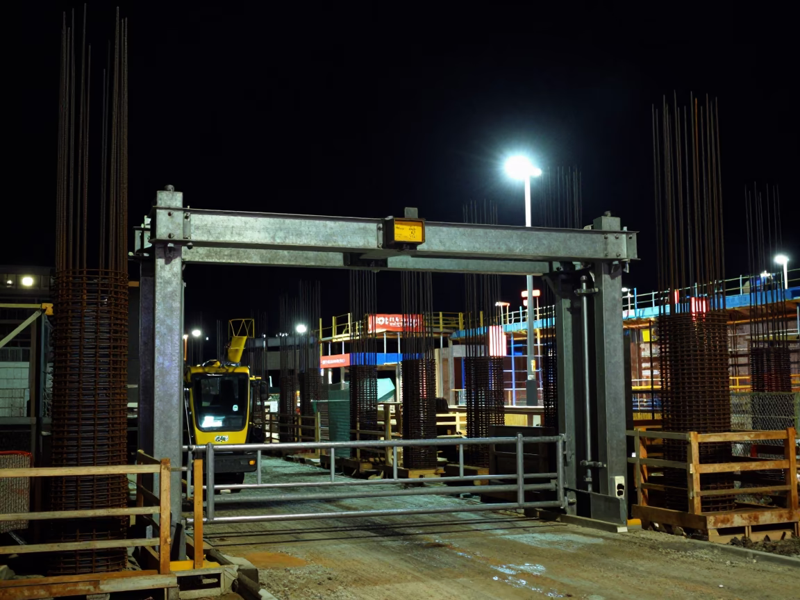 Nighttime construction site with elevator gate and rebar bundles in Sydney in in Sydney, New South Wales, Australia
