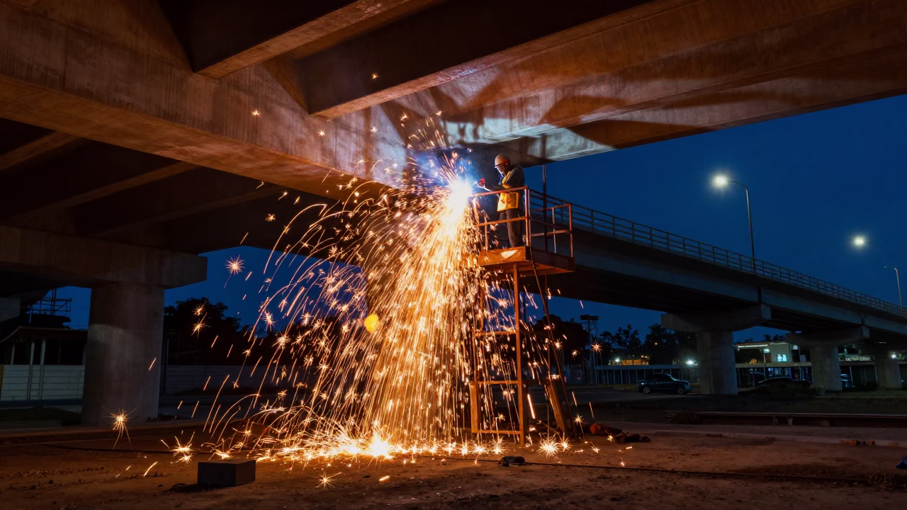 Nighttime Construction Sparks Under Bridge in Durban South Africa Late Evening in in Durban, South Africa