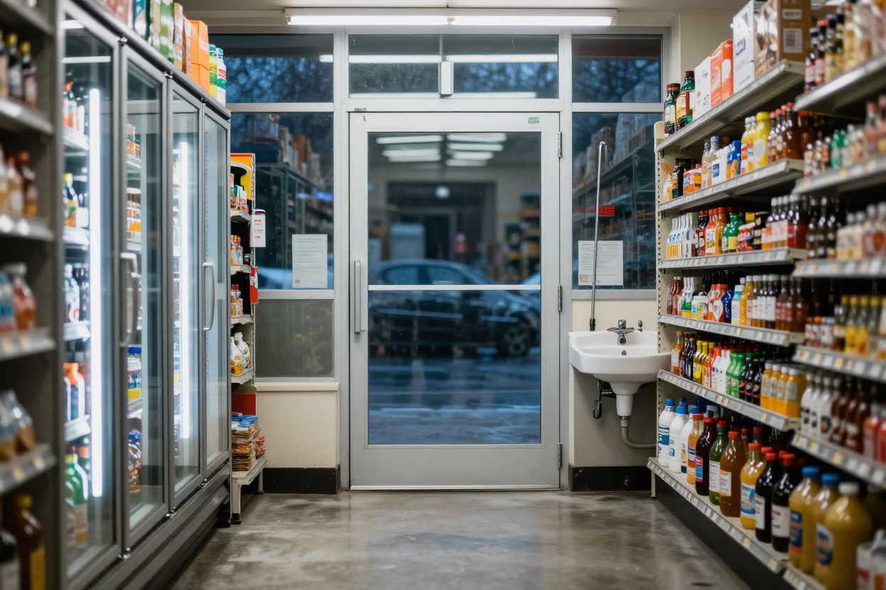 Nighttime Convenience Store Fridge and Mop Sink in inside a fitting room corridor near Messina