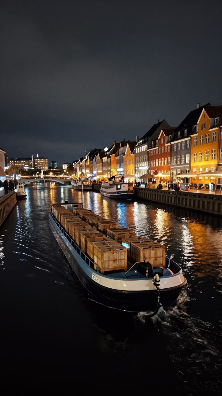Nighttime Copenhagen Canal Scene with Cargo Barge and Urban Reflections in in Copenhagen, Denmark