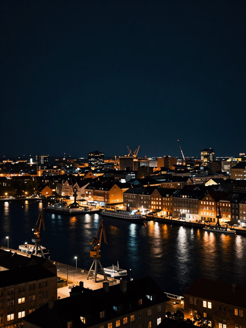 Nighttime Copenhagen Harbor View with Illuminated Waterfront and City Lights in in Copenhagen, Denmark