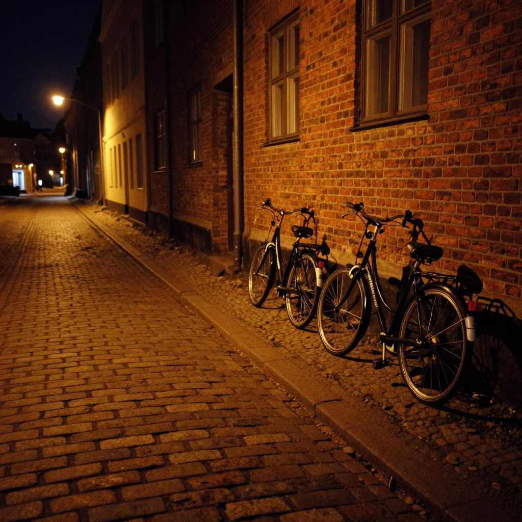 Nighttime Copenhagen Street Scene with Bicycles and Cobblestones in in Copenhagen, Denmark
