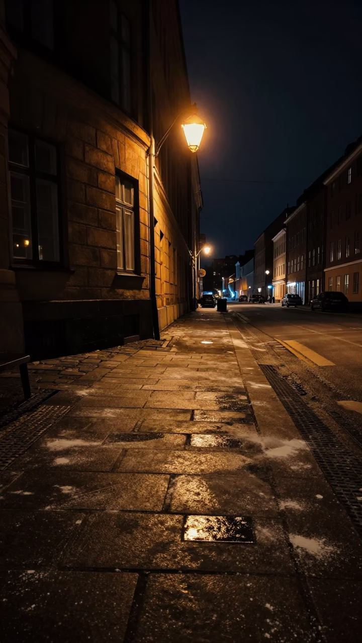 Nighttime Copenhagen Street Scene with Flour Dust on Dark Stone and Hand Broom in in Copenhagen, Denmark