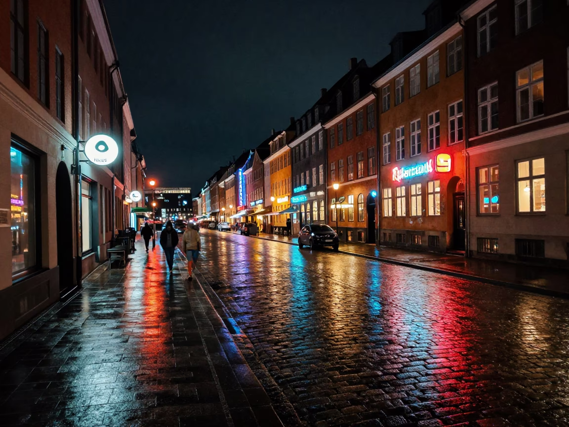 Nighttime Copenhagen Street Scene with Vintage 1980s Aesthetic and Urban Details in in Copenhagen, Denmark
