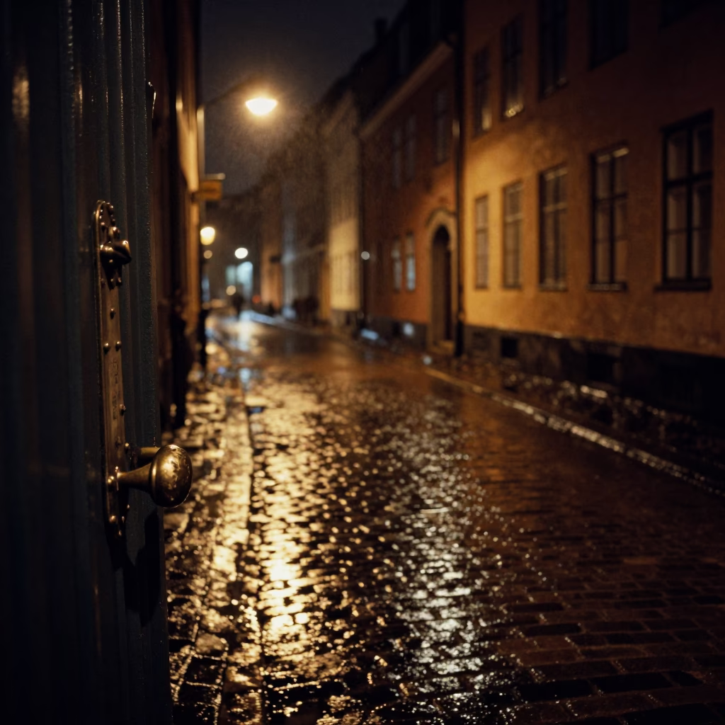 Nighttime Copenhagen Street Scene with Vintage Gate Handle and Postcards in Denmark in in Copenhagen, Denmark