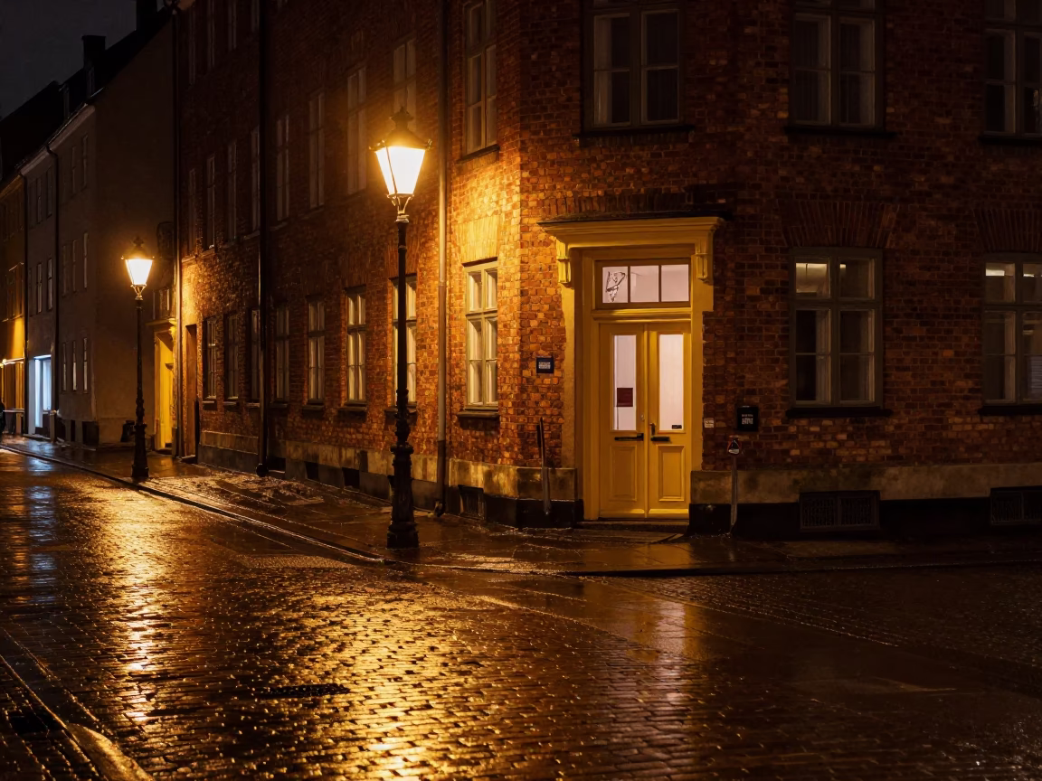 Nighttime Copenhagen Street Scene with Wet Pavement Reflections and Urban Architecture in in Copenhagen, Denmark