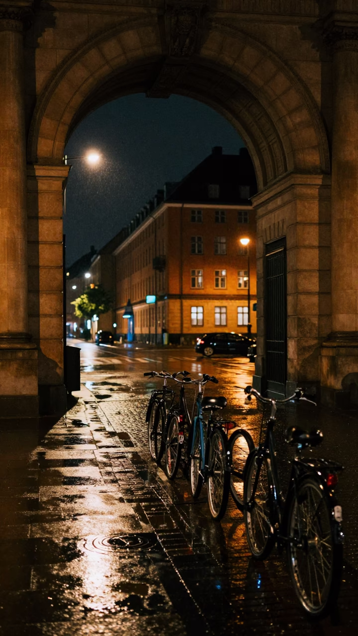 Nighttime Copenhagen University Archway Framing Wet Bicycle Rack and Duckweed Pond Reflections in in Copenhagen, Denmark