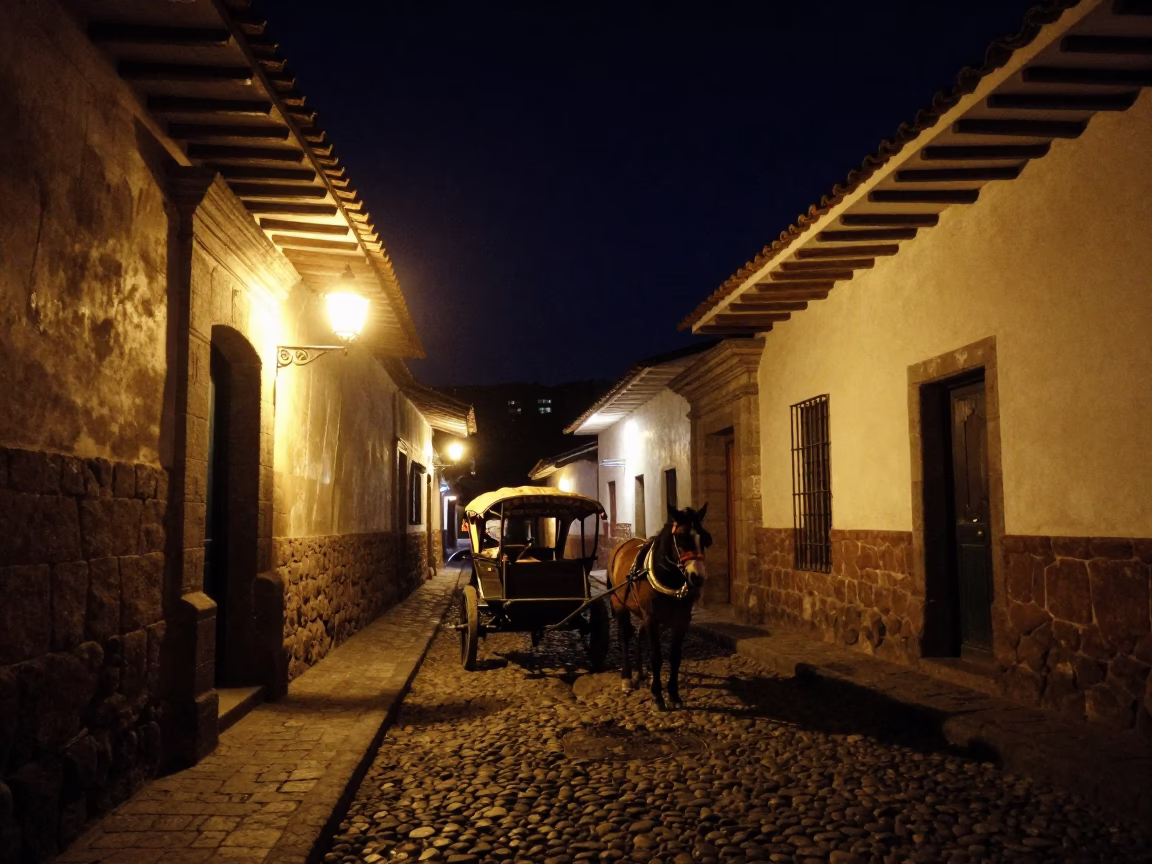 Nighttime Cusco Alley with Lantern Light and Horse Cart on Cobblestones in in Cusco, Peru