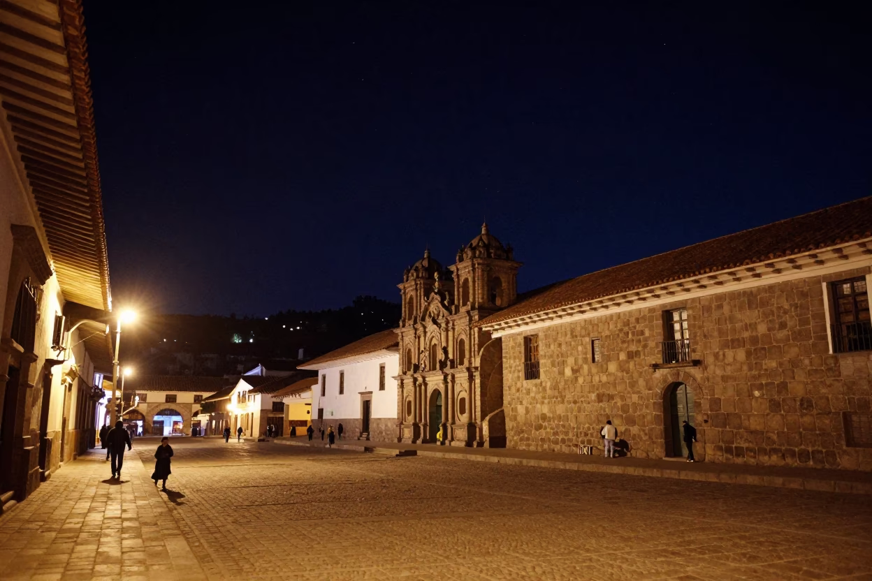 Nighttime Cusco Peru Street Scene with Starry Sky and Traditional Architecture in in Cusco, Peru
