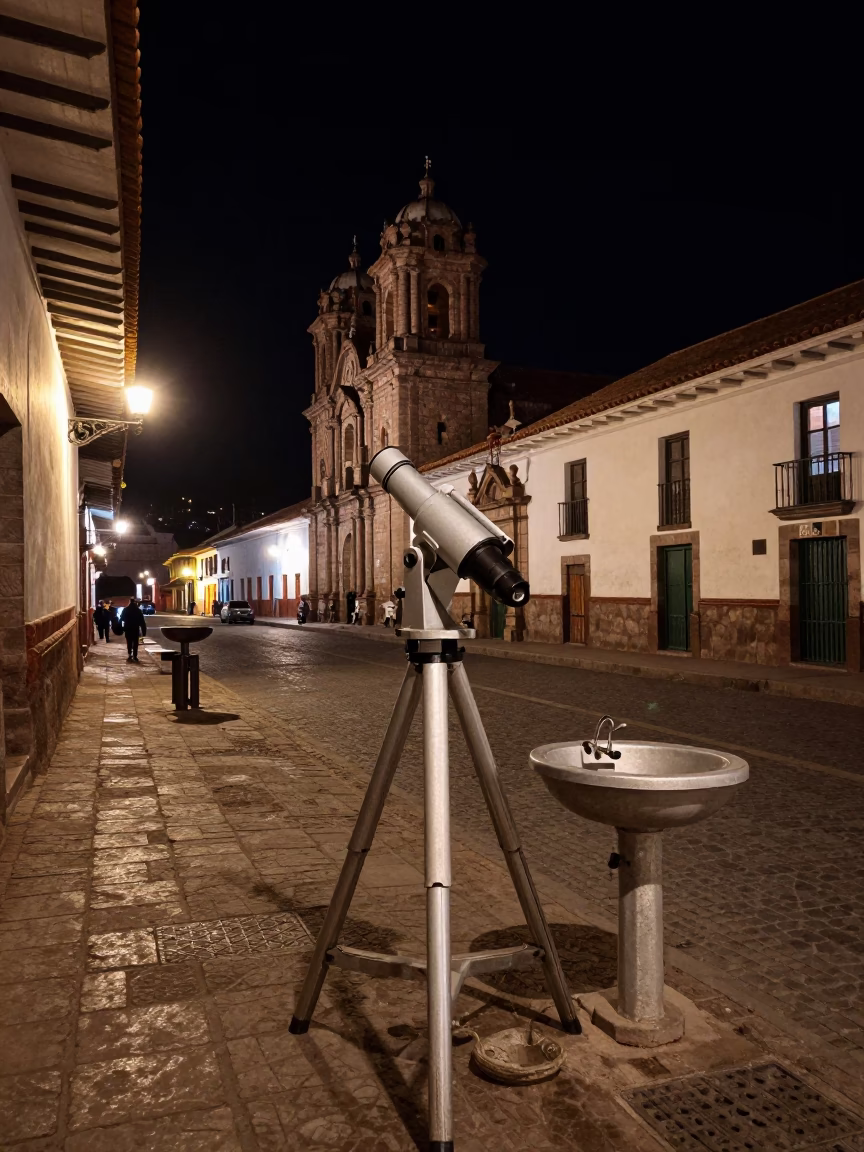 Nighttime Cusco Peru Street Scene with Telescope Mount and Sink in in Cusco, Peru