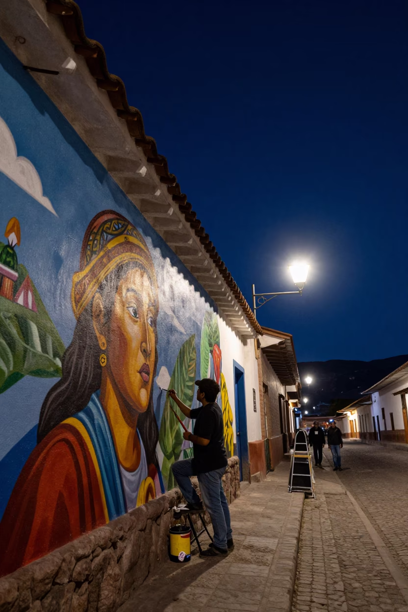 Nighttime Cusco Street Scene with Artist Painting Mural and Reflections in Puddle in in Cusco, Peru