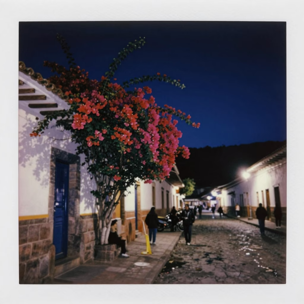 Nighttime Cusco Street Scene with Bougainvillea and Traditional Architecture in in Cusco, Peru