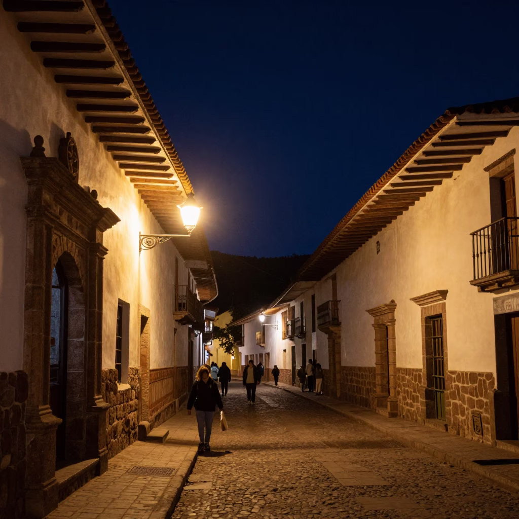 Nighttime Cusco Street Scene with Colonial Architecture and Local Life in in Cusco, Peru