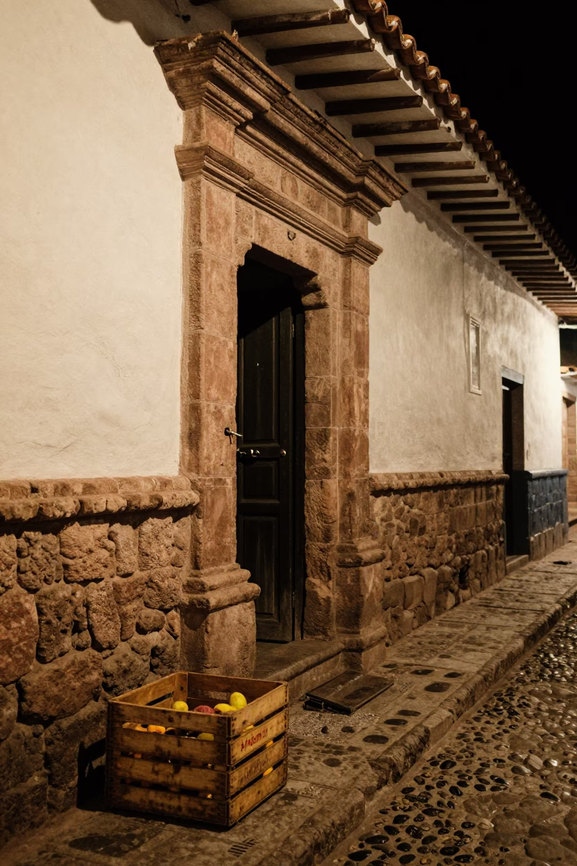 Nighttime Cusco Street Scene with Fruit Crate and Latch on Colonial Stone Wall in in Cusco, Peru