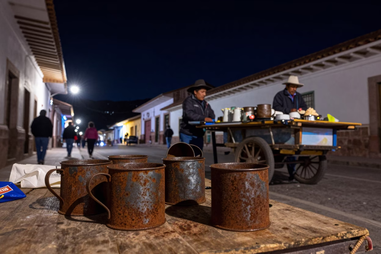 Nighttime Cusco Street Scene with Rusty Metal Teacups and Coiled Rope Under Deep Sky in in Cusco, Peru
