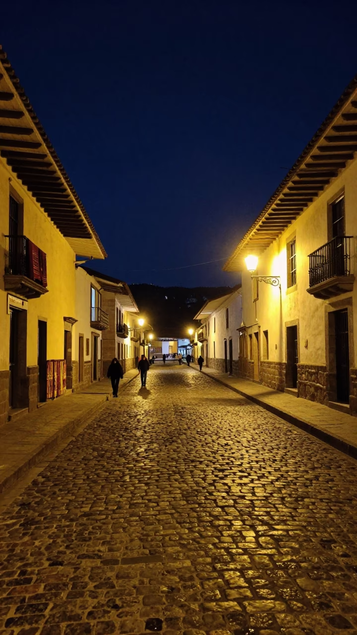 Nighttime Cusco Street Scene with Traditional Andean Textiles and Stone Architecture in in Cusco, Peru