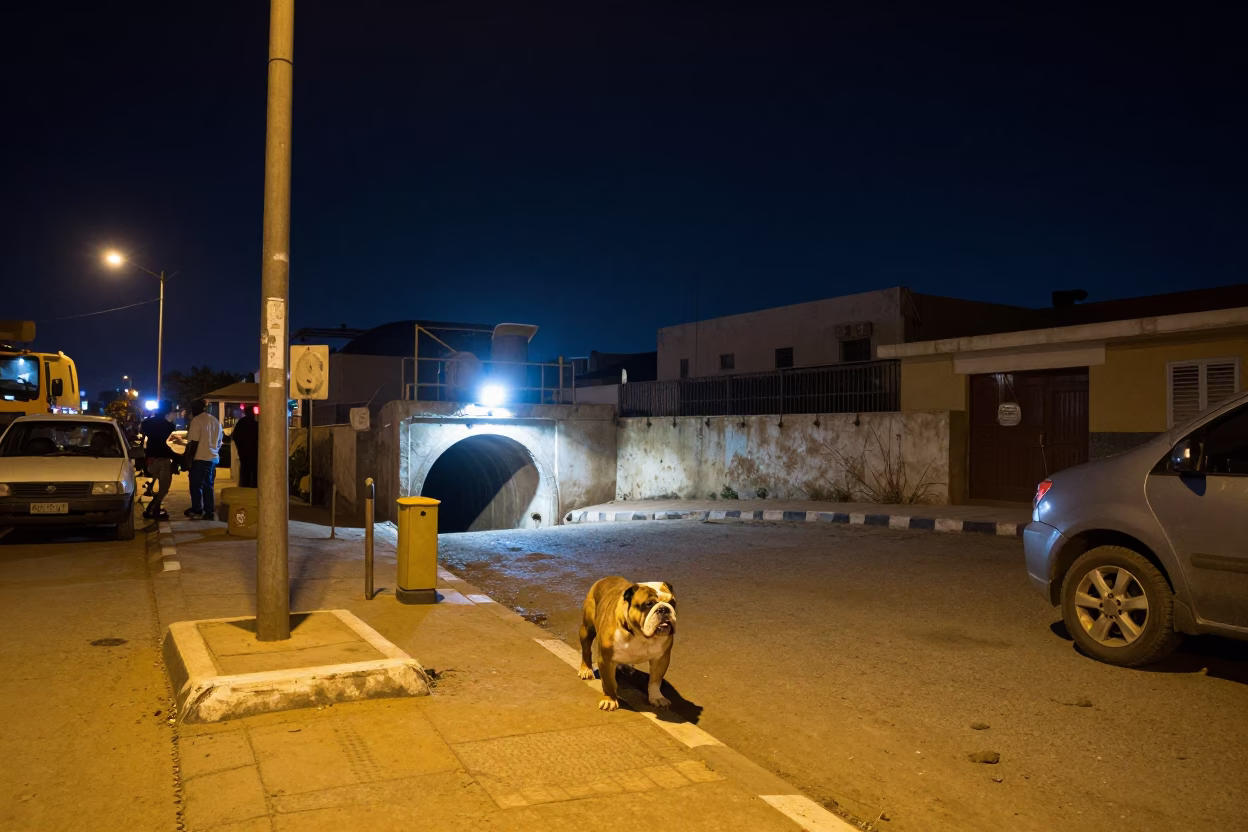 Nighttime Dakar Senegal Street Scene with Bulldog and Sewage Tunnel Work Lights in in Dakar, Senegal