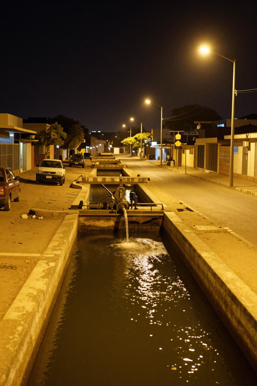 Nighttime Dakar Senegal Street Scene with Pumping Station Canal Water Lift in in Dakar, Senegal