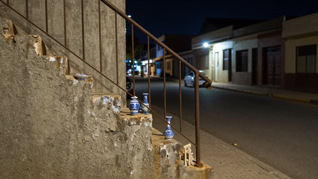 Nighttime Dakar Senegal Street Scene with Stair Rail and Porcelain Jars in in Dakar, Senegal