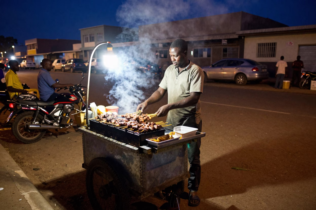 Nighttime Dakar Senegal street scene with vendor selling grilled meat skewers under streetlights in in Dakar, Senegal