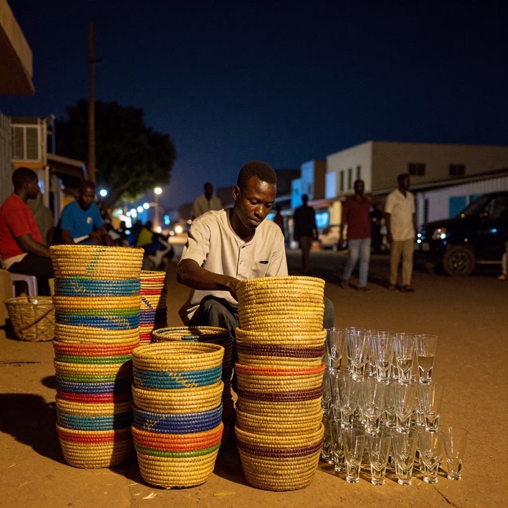 Nighttime Dakar Senegal Street Scene with Woven Baskets and Glass Tumblers Under Deep Sky in in Dakar, Senegal