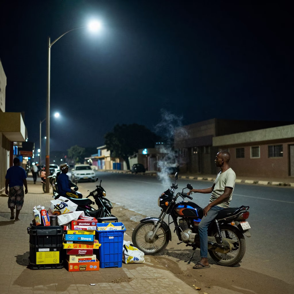Nighttime Dakar Street Scene with Iron Hook and Soap Case Details in in Dakar, Senegal