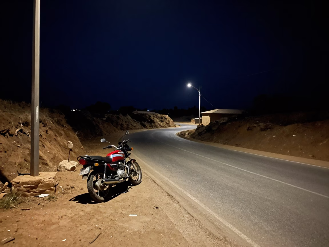 Nighttime Dakar Street Scene with Motorcycle on Switchback and Ferry Ramp in in Dakar, Senegal