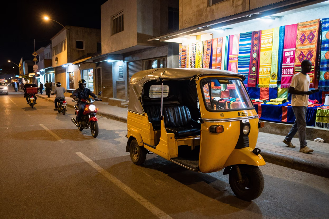 Nighttime Dakar Street Scene with Motorcycle Taxi and Neon Signage in in Dakar, Senegal