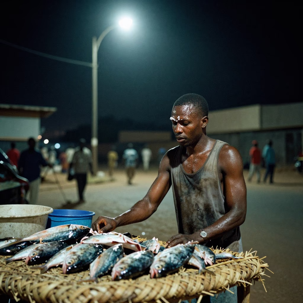 Nighttime Dakar Street Scene with Salt-Crusted Fishmonger and Woven Basket in in Dakar, Senegal