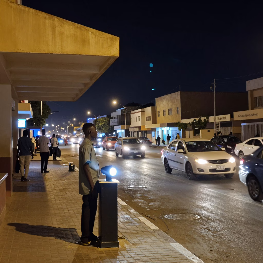 Nighttime Dakar street scene with valet stand and headlight streaks under deep sky in in Dakar, Senegal