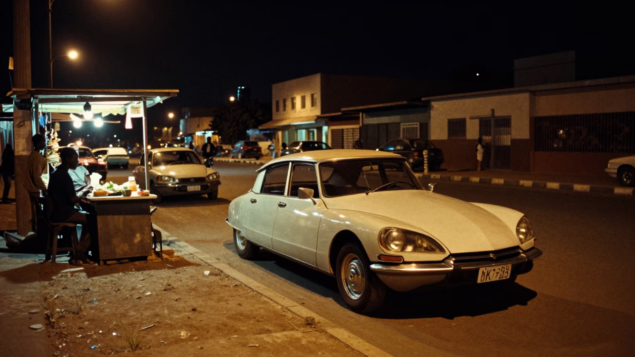 Nighttime Dakar Street Scene with Vintage Car and Local Interaction in Senegal in in Dakar, Senegal